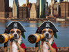 Не справляется с фоном и мелкими деталями. Картинка по запросу &laquo;Две собаки, одетые как римские солдаты, на пиратском корабле смотрят на Нью-Йорк через подзорную трубу&raquo;