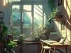 Внутренняя среда, дом, Макото Синкай и студия Гибли, нереальный мир, окно, письменный стол, растения, деревянный пол, тепло и уютно, гиперреалистично