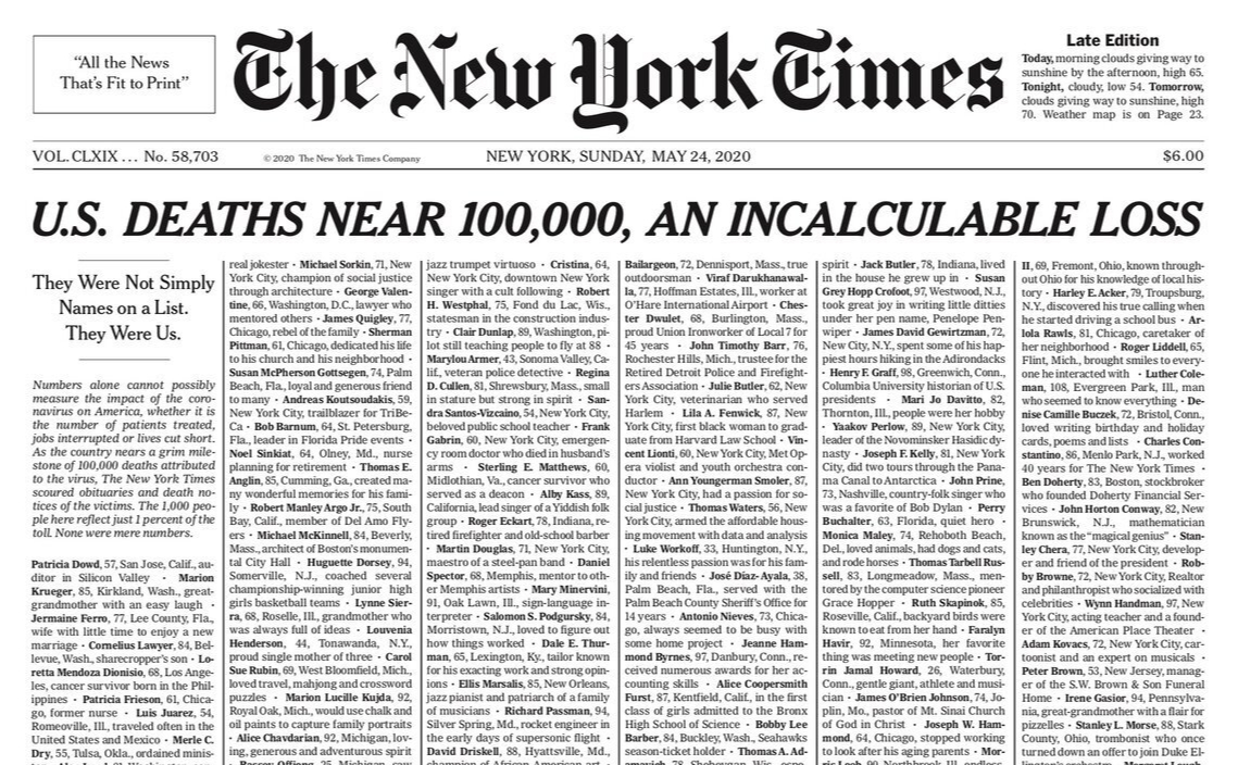New York Times отвела первую полосу газеты именам жертв COVID19 в США