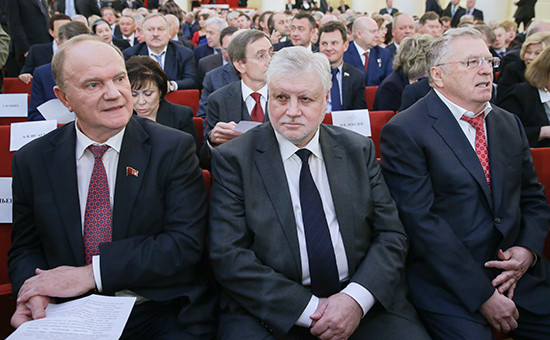 Лидер КПРФ Геннадий Зюганов, лидер партии «Справедливая Россия» Сергей Миронов и лидер ЛДПР Владимир Жириновский (слева направо)