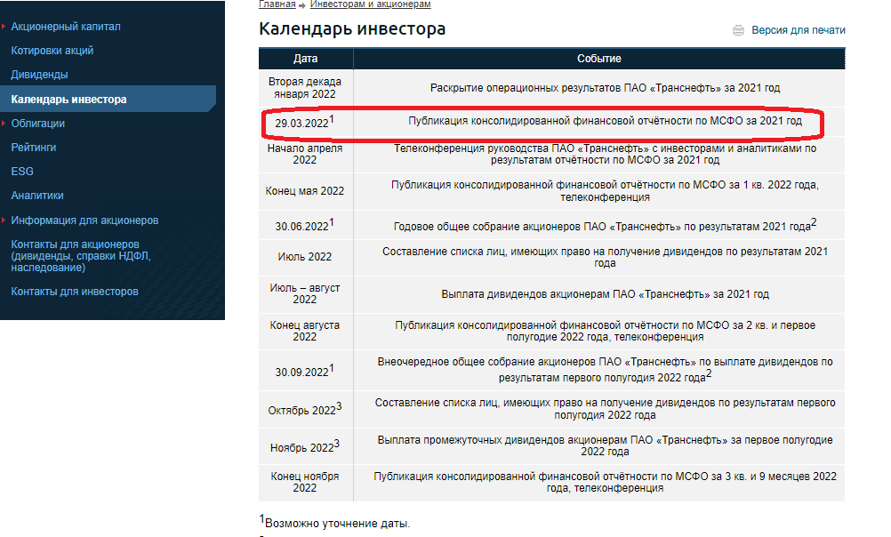 Календарь инвестора ПАО &laquo;Транснефть&raquo;, ранее опубликованный на сайте компании