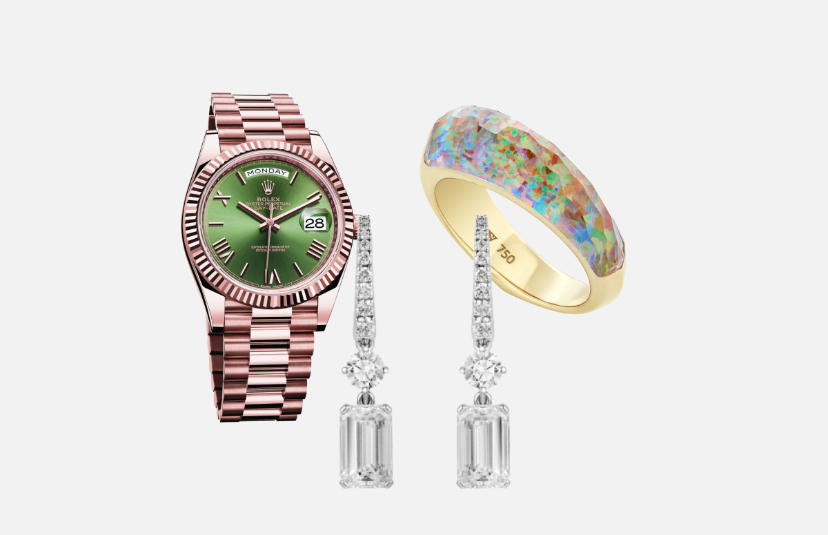 Часы Oyster Perpetual Day-Date 40, Rolex, серьги Classic, Mercury, кольцо CH2, Stephen Webster