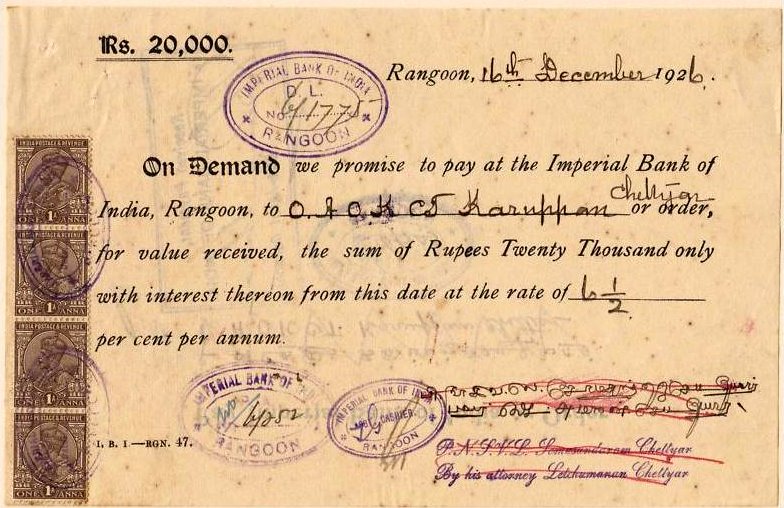 <p>Вексель от Императорского банка Индии, Рангун, Бирма, 1926 год</p>