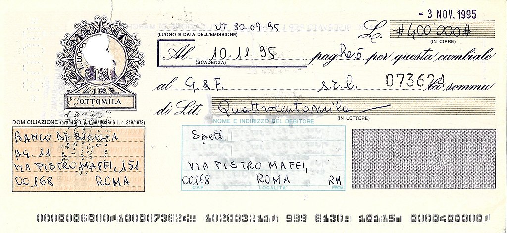 Простой вексель, Италия, 1995 год