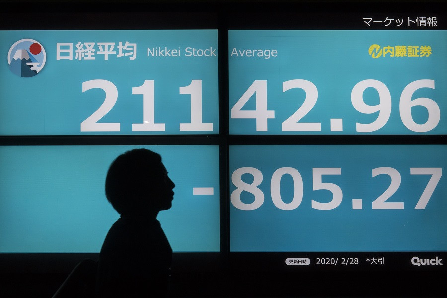 Электронное табло в Токио, на котором показаны котировки индекса Nikkei Stock Average, 28 февраля 2020 года