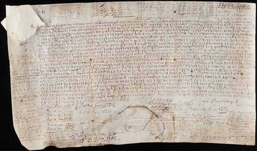 <p>Рукописная вечная облигация на пергаменте, выданная голландским управлением водного хозяйства, ответственным за содержание местных дамб, Hoogheemraadschap Lekdijk Bovendams в 1648 году.</p>