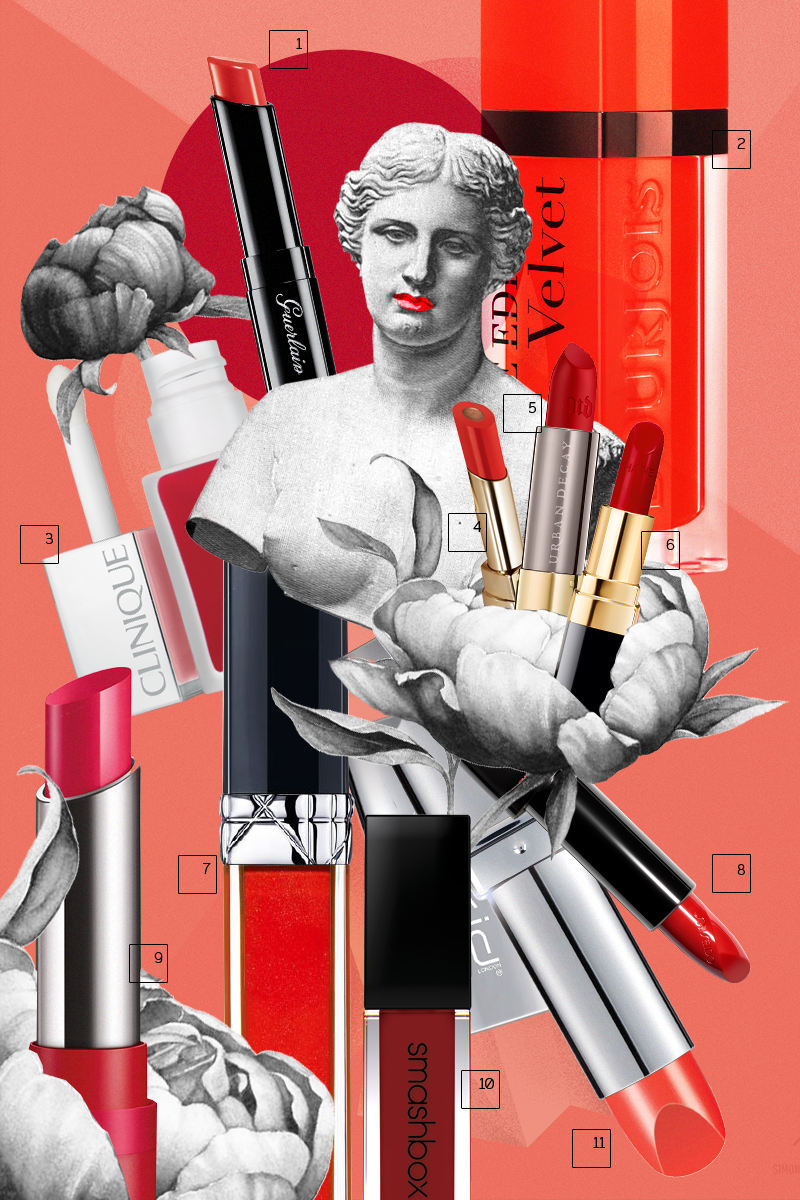 1) Помада-блеск La Petite Robe Noire (оттенок 003), Guerlain
2) Жидкая губная помада Rouge Edition Velvet (оттенок 20), Bourjois
3) Матовый лак для губ Liquid Matte Lip Colour + Primer (оттенок Flame Pop), Clinique
4) Помада Passion Duo Lipstick (оттенок 145), Dolce&Gabbana
5) Матовая помада Vice Lipstick (оттенок 714), Urban Decay
6) Помада Rouge Coco (оттенок Carmen), Chanel
7) Блеск Rouge Dior Brillant (оттенок 999), Dior
8) Помада Rouge Rouge (оттенок Poppy), Shiseido
9) Матовая помада The Only One Matte (оттенок 120), Rimmel
10) Жидкая матовая помада Always On (оттенок Disorderly), Smashbox
11) Помада с встроенными зеркалом и фонариком I-pout, (оттенок Pure Coral) New Cid
