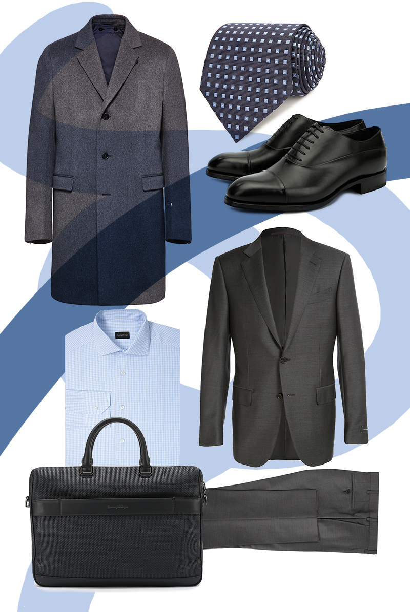 Костюм, рубашка, галстук, пальто, сумка и оксфорды — все Ermenegildo Zegna