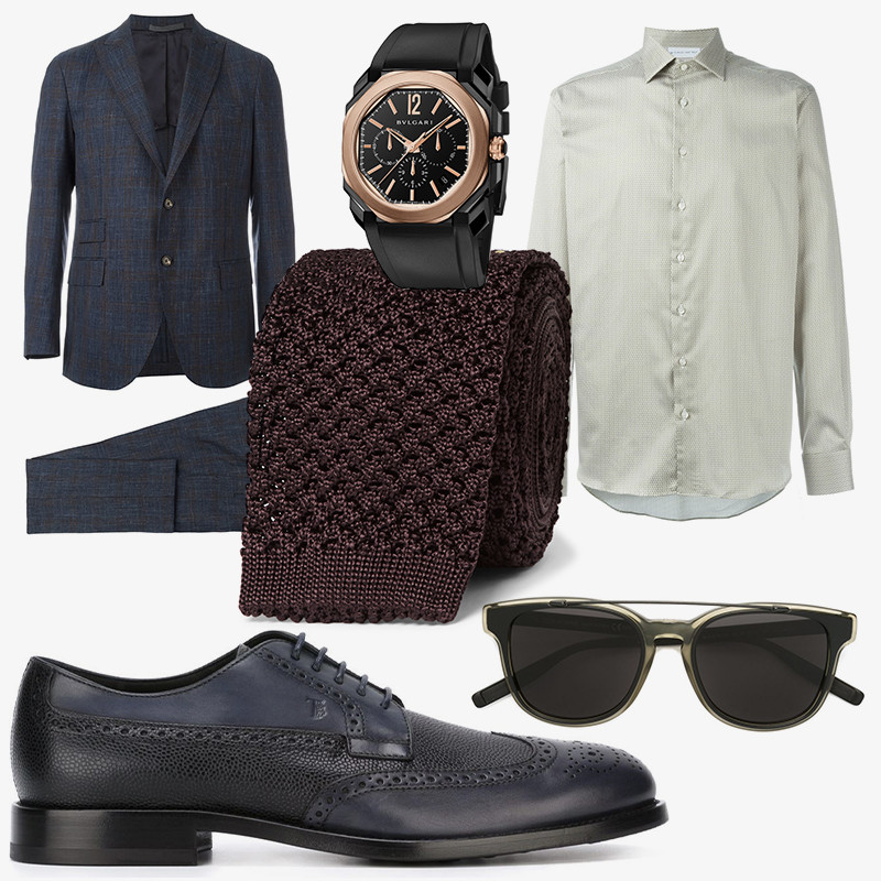 Костюм, Eleventy | Очки, Dior Homme | Рубашка, Etro | Галстук, Tom Ford | Броги, Tod's | Часы Octo Ultranero, Bulgari