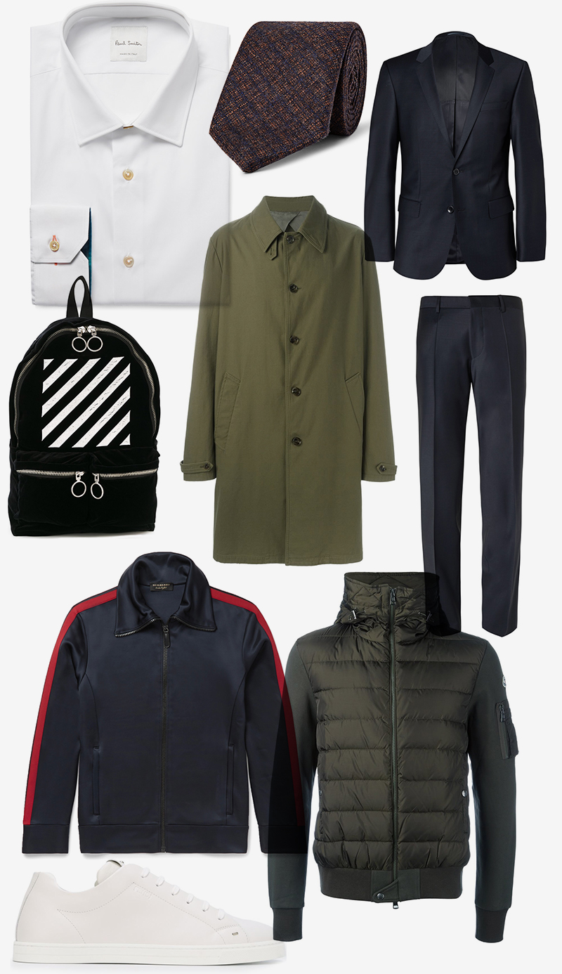 Костюм, Boss | Олимпийка, Burberry | Рубашка, Paul Smith | Галстук, Richard James | Кеды, Fendi | Рюкзак, Off-White | Блузон, Moncler | Плащ, Maison Margiela