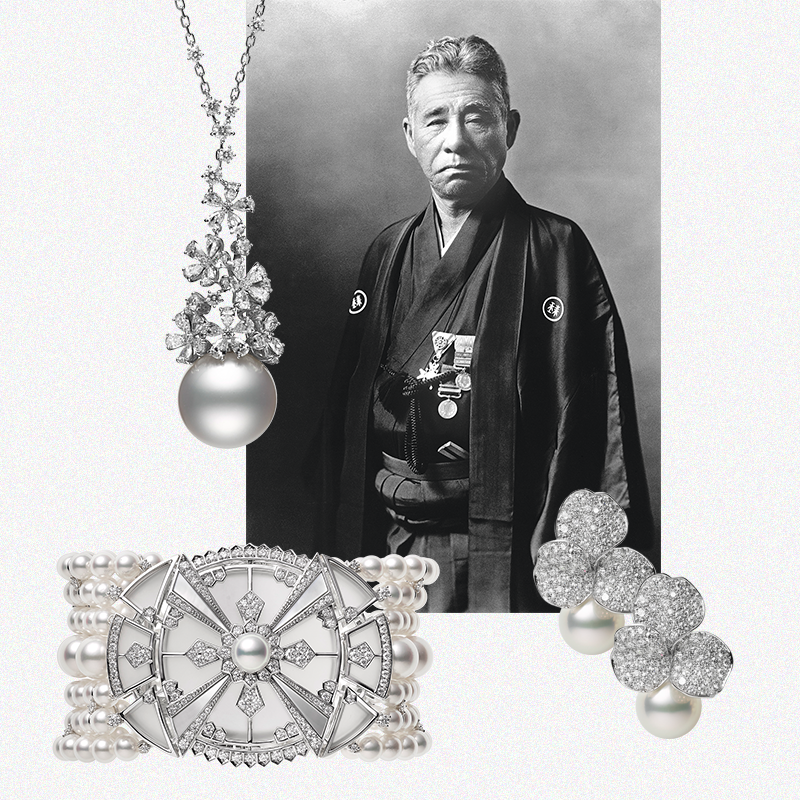 Кокити Микимото, основатель бренда Mikimoto.
Подвеска Praise To Nature, браслет Yaguruma, серьги Les Pétales Place Vendôme