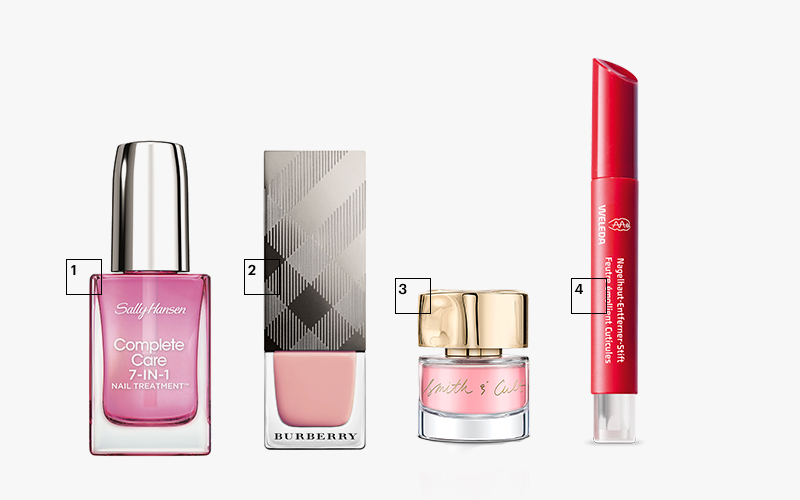 1| Уход для ногтей Complete Care 7-in-1, Sally Hansen
2| Лак Nail Polish (оттенок Tea Rose), Burberry
3| Базовое покрытие Basis Of Everything, Smith & Cult
4| Смягчающий карандаш для кутикулы Nagelhaut-Entferner-Stift, Weleda