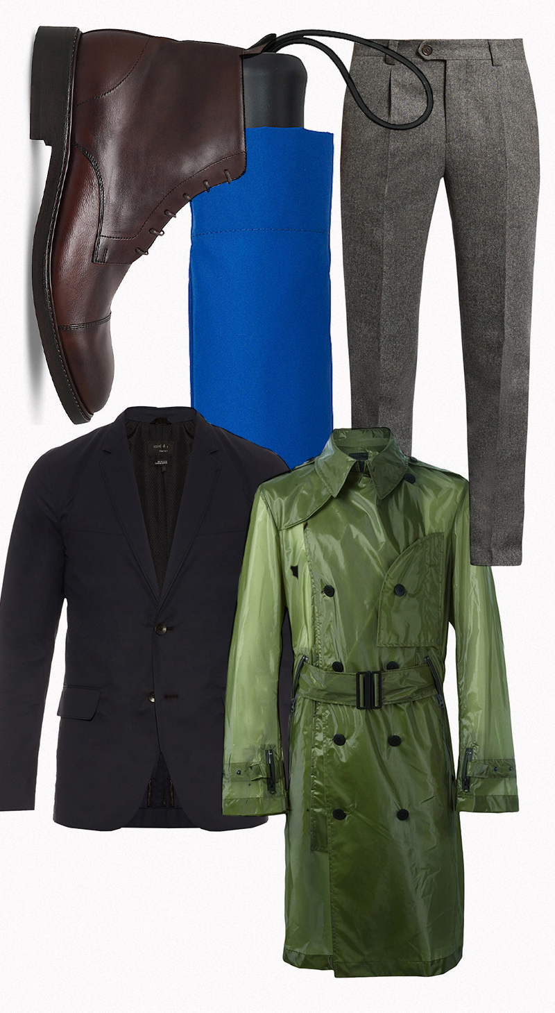 Брюки, Brunello Cucinelli | Блейзер, Rag & Bone | Тренч, Y-3 | Броги, Paul Smith | Зонт, Uniqlo