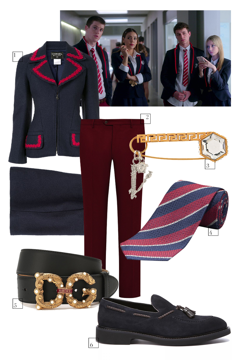 1. Женский костюм Chanel Pre-Owned, 90 492 руб. (farfetch.com)
2. Мужские брюки Andrea Campagna, 29 950 руб. (ЦУМ)
3. Брошь Versace, 26 900 руб. (ЦУМ)
4. Галстук Henderson, 2499 руб. (Henderson)
5. Женский ремень Dolce & Gabbana, 48 950 руб. («Барвиха Luxury Village»)
6. Мужские лоферы Doucal's, 33 490 руб. (No One)