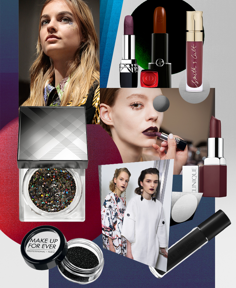 Глиттер Shimmer Dust (оттенок 2), Burberry; Make Up For Ever
Помады: Rouge Dior (оттенок 962), Dior; Rouge D’Armani Sheers (оттенок 204), Giorgio Armani; Lip Lacquer (оттенок Queen is dead), Smith and Cult; Long Lasting Liquid Lipstick (оттенок 34), Wycon; Матовая помада для губ Pop Matte Lip Colour + Primer (оттенок Avant Garde Pop), Clinique