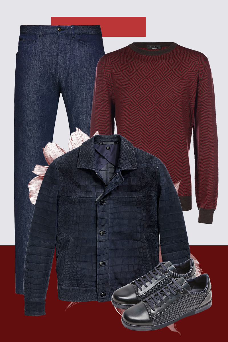 Куртка из крокодила, джинсы, свитер из кашемира и шелка, кеды, все — Ermenegildo Zegna