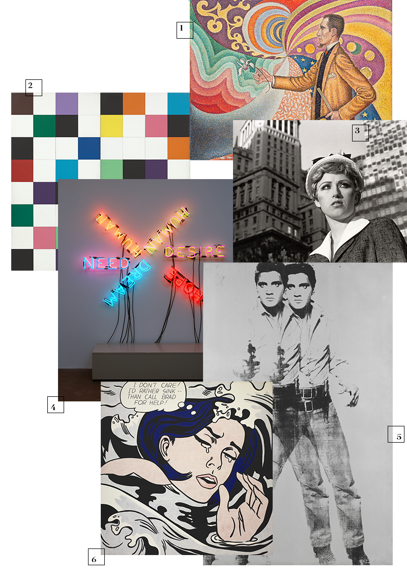 1 | Поль Синьяк, Opus 217. Portrait of M. Félix Fénéon, 1890 год
2 | Элсворт Келли, Colors for a Large Wall, 1953 год
3 | Синди Шерман, Untitled Film Still #17, 1978 год
4 | Брюс Науман, Human/Need/Desire, 1983 год
5 | Энди Уорхол, Double Elvis, 1963 год
6 | Рой Лихтенштейн, Drowning Girl, 1963 год