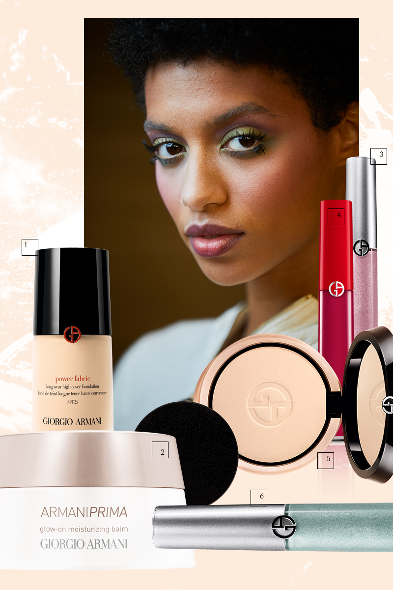 1. Тональный крем Power Fabric
2. Увлажняющий бальзам Armani Prima
3. Кремовые тени Eye Tint, Rose Reflection
4. Блеск для губ Lip Maestro, 505
5. Компактная пудра Face Fabric, Matte White
6. Кремовые тени Eye Tint, Blue Reflection