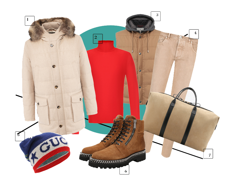1. Пуховик Loro Piana, 386 000 руб. 2. Водолазка Tom Ford, 59 750 руб. 3. Жилет Brunello Cucinelli, 197 700 руб. 4. Джинсы Brunello Cucinelli, 38 500 руб. 5. Шапка Gucci, 19 200 руб. 6. Ботинки Balmain, 51 750 руб. 7. Дорожная сумка Tom Ford, 250 000 руб.