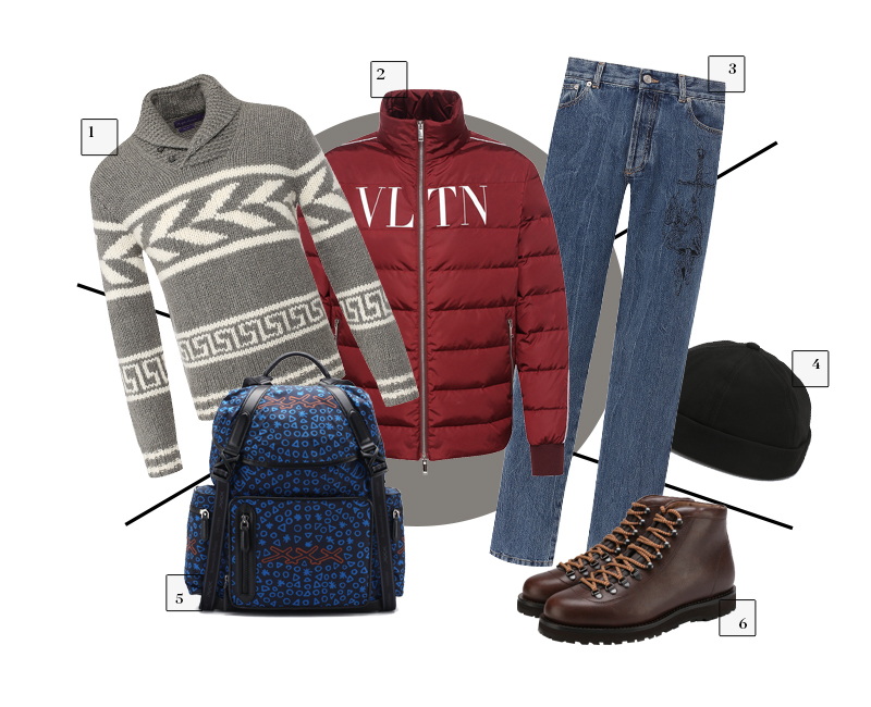 1. Свитер Ralph Lauren, 118 500 руб. 2. Куртка Valentino, 127 000 руб. 3. Джинсы Givenchy, 53 150 руб. 4. Шапка 11 by Boris Bidjan Saberi, 6995 руб. 5. Рюкзак Zegna Couture, 69 750 руб. 6. Ботинки Brunello Cucinelli, 77 000 руб.
