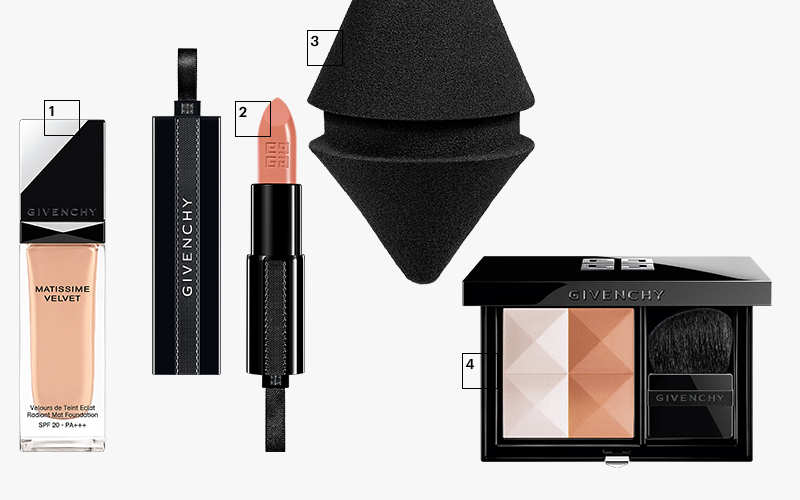 1| Тональный крем Matissime Velvet, Givenchy
2| Помада Rouge Interdit, Givenchy
3| Спонж Givenchy Makeup Blender, Givenchy
4| Румяна Prisme Blush, Givenchy