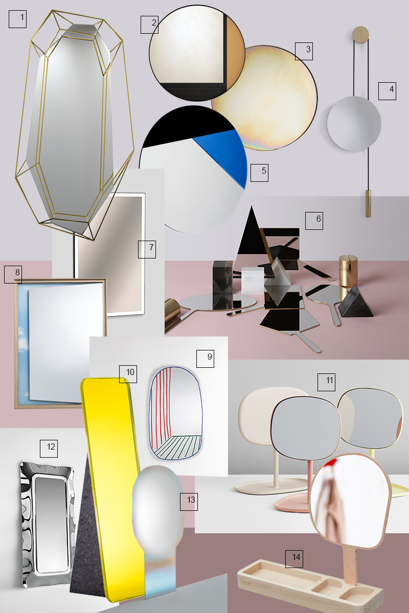1) Diamond, Essential Home, essentialhome.eu
2) Edizioni design, edizionidesign.com
3) Republic of Fritz Hansen, flat-interiors.ru
4) Rise & Shine, New Works, newworks.dk
5) Nouveau, Reflections, reflections-copenhagen.com
6) Коллекция с подставками Ashkal, Richard Yasmine, richardyasmine.com
7) Из серии Design Mirrors, Alape, o-s-a.de
8) Deadline, Cassina, extraint.ru
9) New Perspective, Bonaldo, flat-interiors.ru
10) Olivia, Pulpo, pulpoproducts.com
11) Flip, Normann Copenhagen, normann-copenhagen.com
12) Dorian, Fiam, extraint.ru
13) Shimmer, Glas Italia, interior-market.ru
14) Kagami, Reine Mère, reinemere.com
