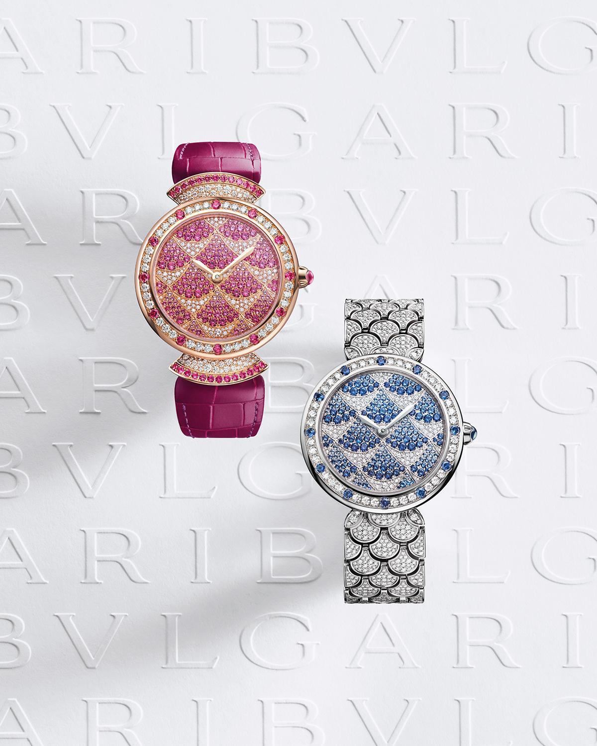 Слева направо: часы Divas' Dream Mosaica Pink Sapphire, часы Divas' Dream Mosaica Blue Sapphire, коллекция Divas' Dream Mosaica, Bulgari