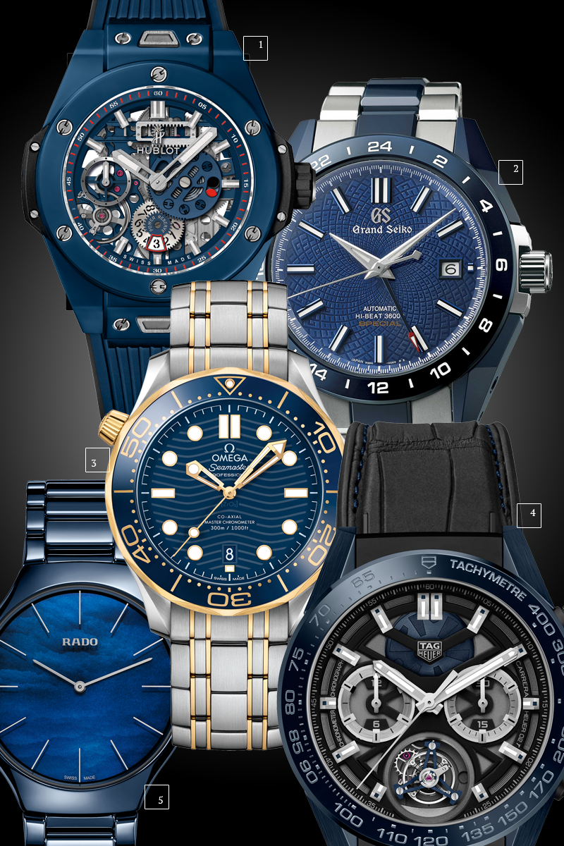 1. Big Bang Meca-10 Blue, Hublot
2. Blue Ceramic Hi-Beat GMT 'Special' Limited Edition, Grand Seiko
3. Seamaster Diver 300 m, Omega
4. TAG Heuer Carrera Tete de Vipere, TAG Heuer
5. True thinline, Rado