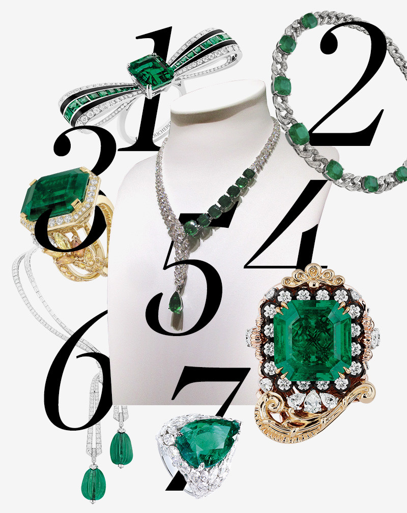 1. Кольцо Ruban Graphique, Boucheron
2. Колье Gemme Principesche, семь колумбийских изумрудов весом 56,7 карата, Bulgari
3. Кольцо Epi Vendome, изумруд весом 18,2 карата, Chanel Fine Jewellery
4. Кольцо Appartements de Mesdames Arabesque, изумруд весом 9,28 карата, Dior Joaillerie
5. Колье Sunny Side of Life, 8 изумрудов весом 32,84 карата, Piaget
6. Колье Grand Opus, резные изумруды весом 127,88 карата, Van Cleef & Arpels
7. Кольцо Sunny Side of Life, изумруд весом 12,06 карата, Piaget