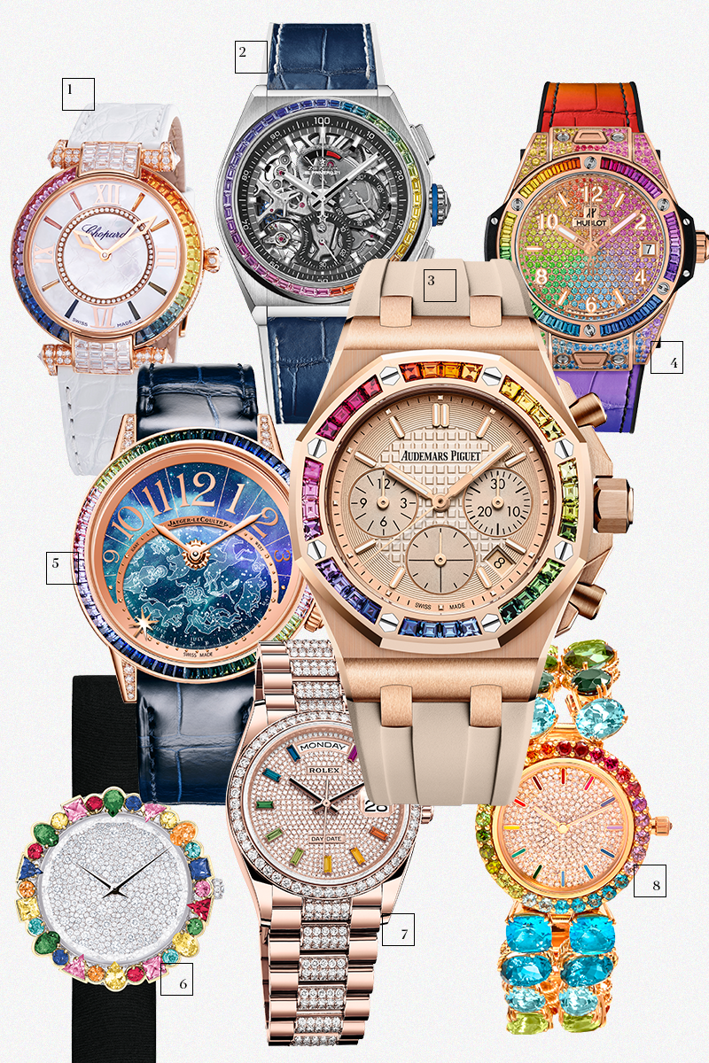 1) Imperiale, Chopard
2) Defy El Primero 21 Rainbow, Zenith
3) Royal Oak Offshore Selfwinding Chronograph, Audemars Piguet
4) Big Bang One Click Rainbow King Gold 39 mm, Hublot
5) Rendez-vous Celestial, Jaeger-LeCoultre
6) La D de Dior Cocotte, Dior
7) Oyster Perpetual Day-Date 36, Rolex
8) Rainbow, Dolce & Gabbana