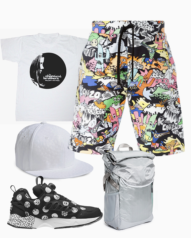 Футболка, Ebay.com | Шорты, Kenzo | Кроссовки Instapump Fury Road Seasonal Graphic, Reebok | Бейсболка, D by D | Рюкзак, Timbuk2