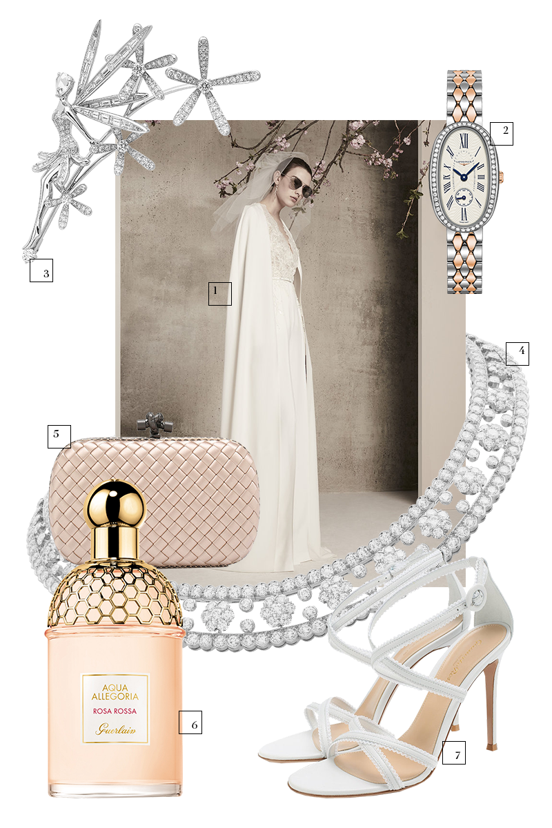 1. Платье Elie Saab Bridal (Wedding by Mercury, Барвиха Luxury Village) — цена по запросу

2. Часы Symphonette, Longines (ул. Большая Якиманка, 19) — ₽ 270 900

3. Брошь Caresse d'Eole Fairy, коллекция Midsummer Night's Dream, Van Cleef & Arpels (ГУМ) — цена по запросу

4. Колье Snowflake, Van Cleef & Arpels (ГУМ) — ₽ 26 600 000 

5. Клатч Chain Knot, Bottega Veneta (ЦУМ, Третьяковский проезд) — ₽ 139 500

6. Туалетная вода Aqua Allegoria Rosa Rossa, Guerlain (Л’Этуаль​) — ₽ 5399

7. Босоножки Dafne, Gianvito Rossi (ЦУМ) — ₽ 54 650
