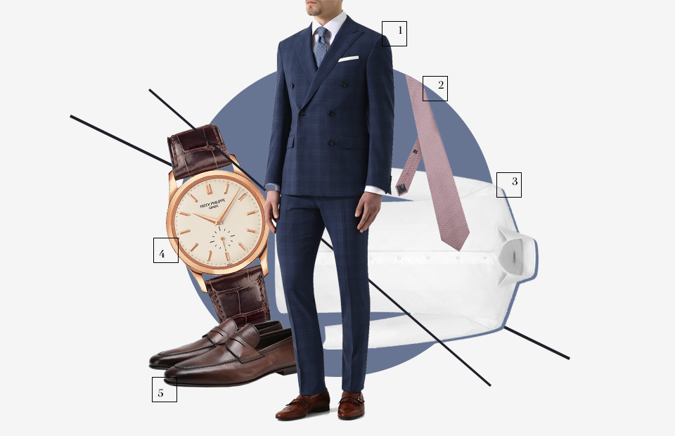 1. Костюм Corneliani
2. Галстук Ermenegildo Zegna
3. Сорочка Zilli
4. Часы PATEK PHILIPPE
5. Пенни Santoni