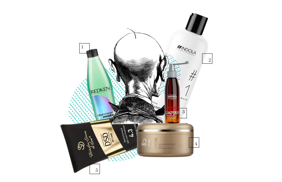 1. Очищающий шампунь Clean Maniac Clean-Touch Micellar, REDKEN
2. Очищающий шампунь Innova Cleansing Shampoo, Indola
3. Мужской уход от прогрессирующего выпадения волос Home Renaxil, L’Orel Proffesionnel
4. Маска с кератином SP Lux Oil Keratin, Wella
5. Маска с кератином № 4.3 Keratin Treatment Mask Dixidox De Luxe 4.3, Divination Simone Deluxe
