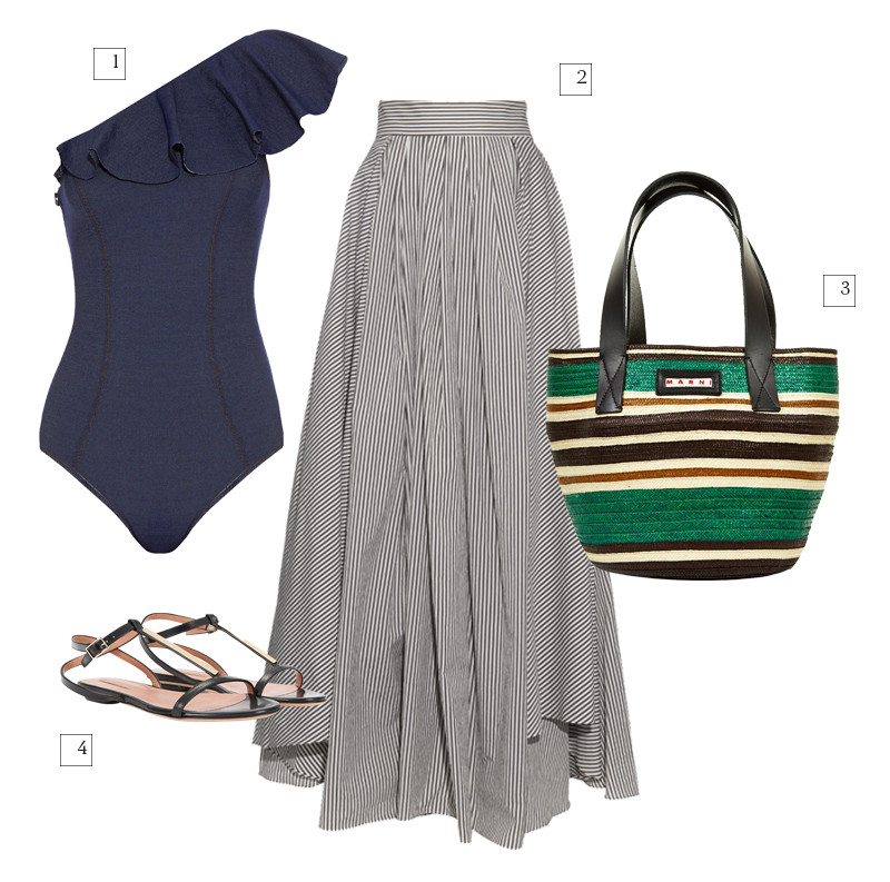 1 Купальник, Lisa Marie Fernandez | 2 Юбка, Brunello Cucinelli | 3 Сумка, Marni | 4 Сандалии, Boss