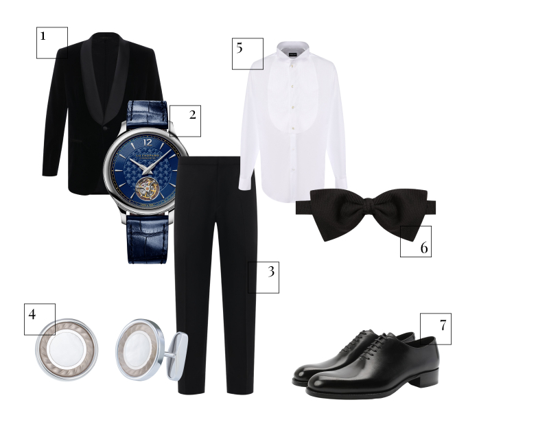Пиджак Brioni, 469 500 руб. (Третьяковский проезд)
Часы L.U.C Flying T Twin, Chopard, цена по запросу (Chopard)
Брюки Brioni, 180 500 руб. (Третьяковский проезд)
Запонки Mercury, 630 000 руб. (Mercury)
Рубашка Giorgio Armani, 47 070 руб. (ЦУМ)
Бабочка Ermenegildo Zegna, 15 350 руб. (ЦУМ)
Оксфорды Tom Ford, 157 000 руб. (ЦУМ)