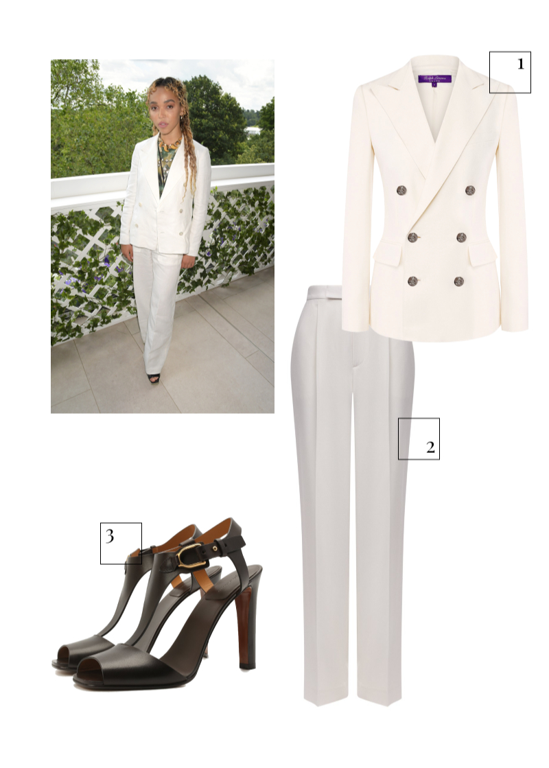 1. Жакет Ralph Lauren, 346 000 руб. (Третьяковский проезд)
2. Брюки Ralph Lauren, 98 700 руб. (Третьяковский проезд)
3. Босоножки Ralph Lauren, 54 050 руб. (ЦУМ)