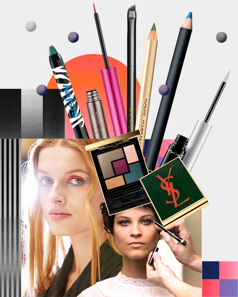 Пятицветная палетка теней Scandal Couture Palette, Yves Saint Laurent
Карандаши для глаз: Velvet Eyeliner (оттенок Curaçao), NARS и The Eyeliner (оттенок 16), Dolce & Gabbana Кисть для теней Angled Brush (23), Gucci
Подводка: Superslick Liquid Eye Liner (оттенок Nocturnal), М·А·С и Razor Sharp (оттенок Junkshow), Urban Decay
Тени-карандаш для век: Phyto-Eye Twis (оттенок «Лагуна»), Sisley