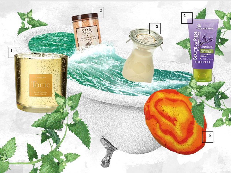 Ароматическая свеча Tonic, Clarins
Морская соль для ванны с ароматом розового грейпфрута SPA a la carte, Л’Этуаль
Молоко для ванны с маслом мандарина Milk Bath, Egomania
Охлаждающий гель для ног Soin Végétal Beauté des Pieds, Yves Rocher
Пена для ванны с маслами мандарина и бергамота «Оптимист», Lush