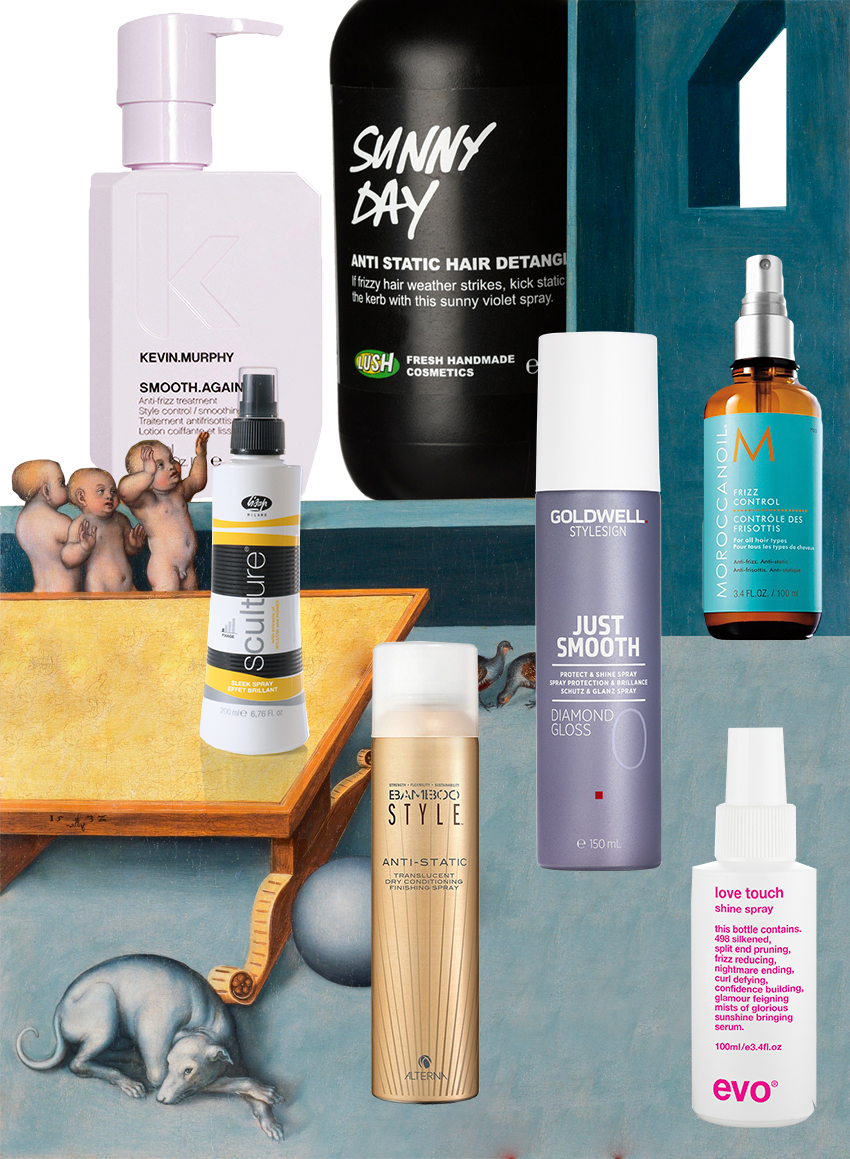 Спреи для волос с эффектом антистатика: Diamont Gloss, Goldwell; Sculture, Lisap Milano; Frizz Control, Moroccanoil; Sunny Day, Lush; Love Touch, Evo; Anti-Static, Bamboo Style, Alterna; Несмываемый кондиционер-уход для разглаживания волос Smooth.Again, Kevin.Murphy.