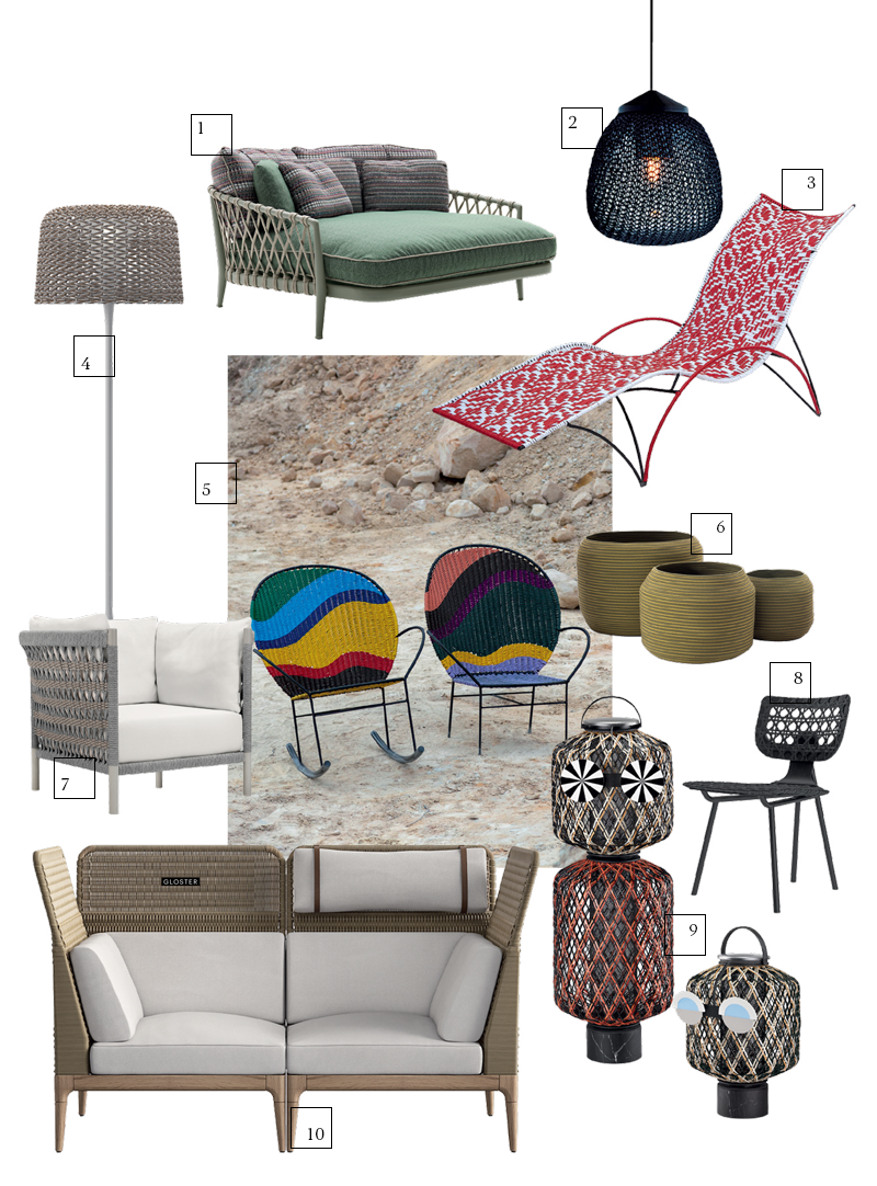 1) B&B Italia; 2) Tribù; 3) Marni; 4) Gloster; 5) Marni; 6) B&B Italia; 7) JANUS et Cie; 8) ClassiCon; 9) Dedon; 10) Gloster

