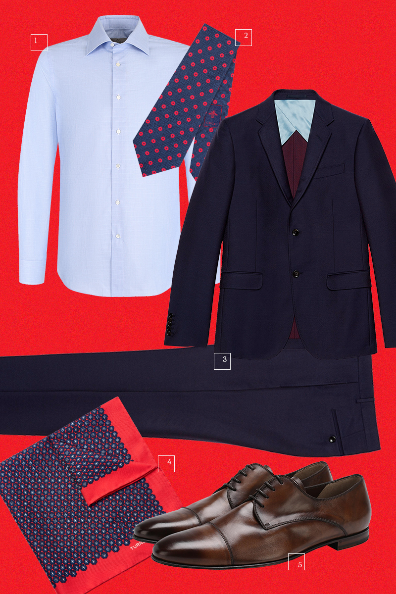 1. Рубашка Canali
2. Галстук Gucci
3. Костюм Gucci
4. Платок-паше Turnbull & Asser
5. Ботинки-оксфорды Barrett