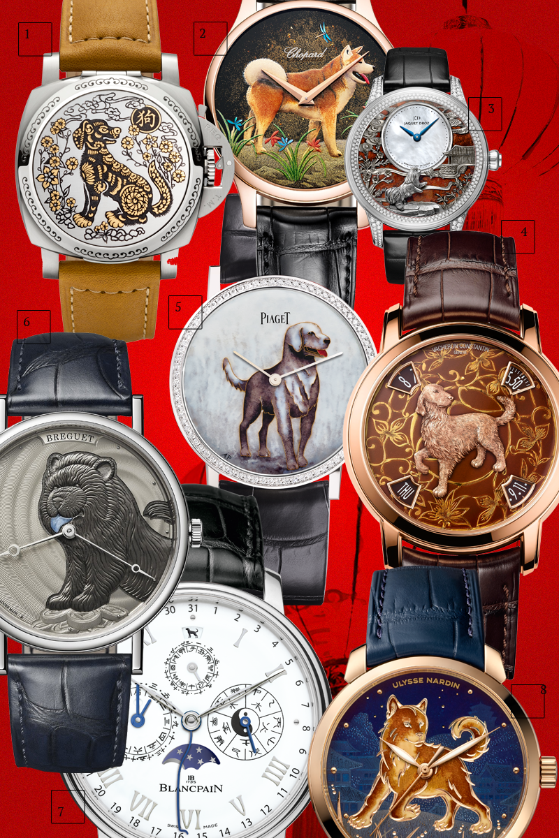 1. Luminor 1950 Sealand 3 Days Automatic Acciaio — 44 мм, Officine Panerai, 88 экземпляров
2. L.U.C XP Urushi Year of the dog, Chopard, 88 экземпляров
3. Petite Heure Minute Relief Dog, Jaquet Droz, 28 экземпляров
4. Métiers d’Art «Легенды китайского зодиака», Vacheron Constantin, 12 экземпляров в каждом металле
5. Piaget Altiplano Year of the Dog, Piaget, 38 экземпляров
6. Breguet Classique 7145 Year of the Dog Chow-Chow, Breguet, 8 экземпляров
7. Blancpain Villeret Traditional Chinese Calendar, Blancpain, 50 экземпляров
8. Classico Dog, Ulysse Nardin, 88 экземпляров