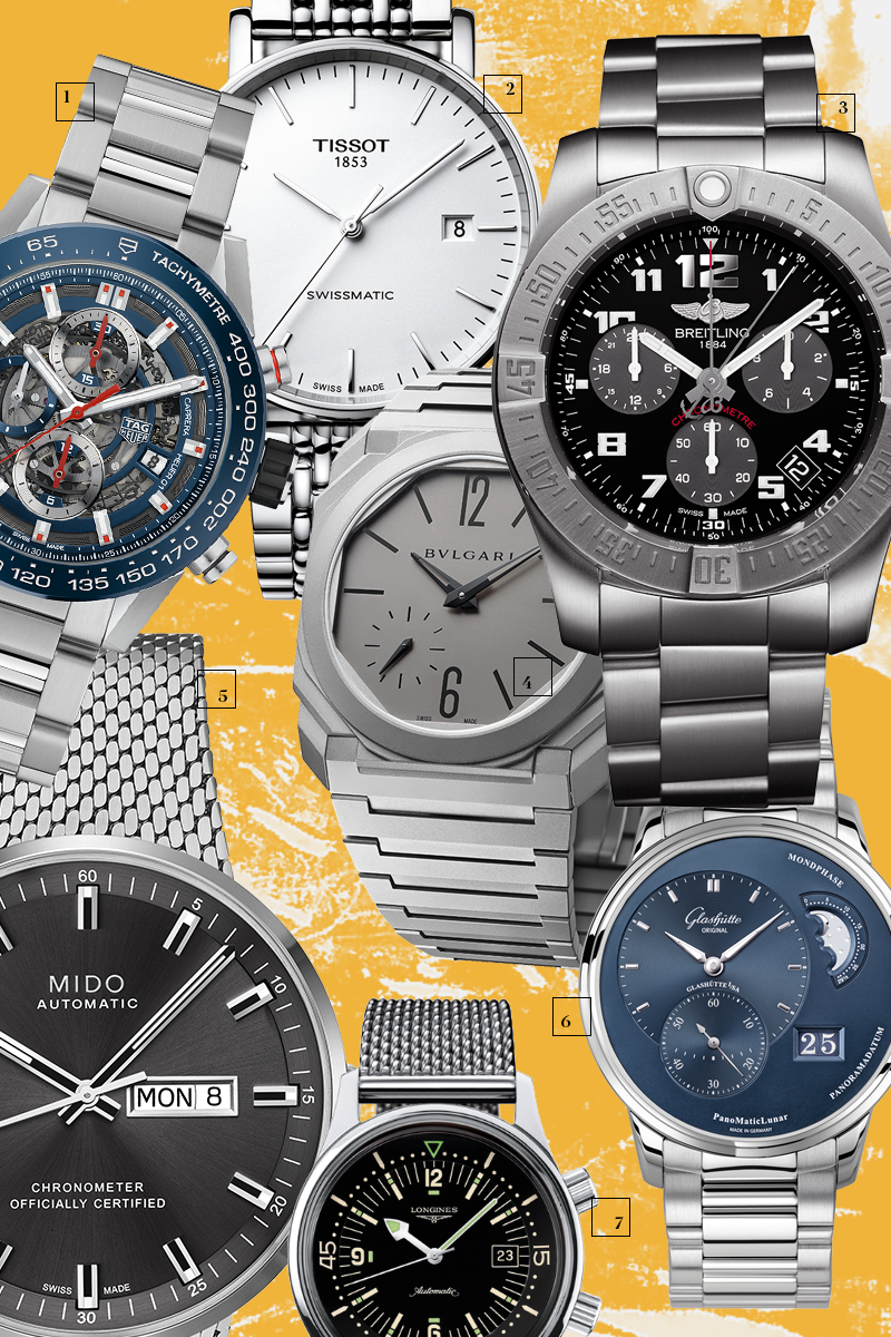 1 | Carrera Heuer-01, TAG Heuer
2 | Swissmatic Steel, Tissot
3 | Chronospace Evo B60, Breitling
4 | Octo Finissimo Automatic, Bulgari
5 | Commander Icône, Mido
6 | PanoMatic Lunar, Glashütte Original
7 | The Longines Legend Diver Watch, Longines