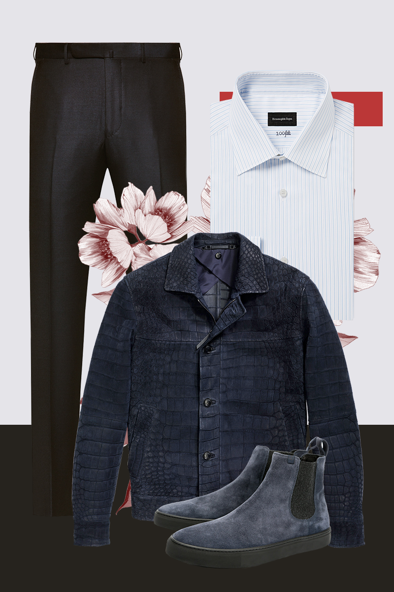 Куртка из крокодила, рубашка, брюки, все — Ermenegildo Zegna; полуботинки челси, Z Zegna