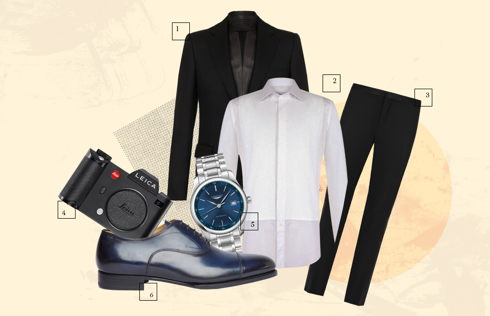 1. Пиджак Alexander McQueen. 2. Рубашка Brioni. 3. Брюки Lanvin. 4. Фотокамера Leica SL. 5. Часы Master Collection, Longines. 6. Ботинки Fabi.