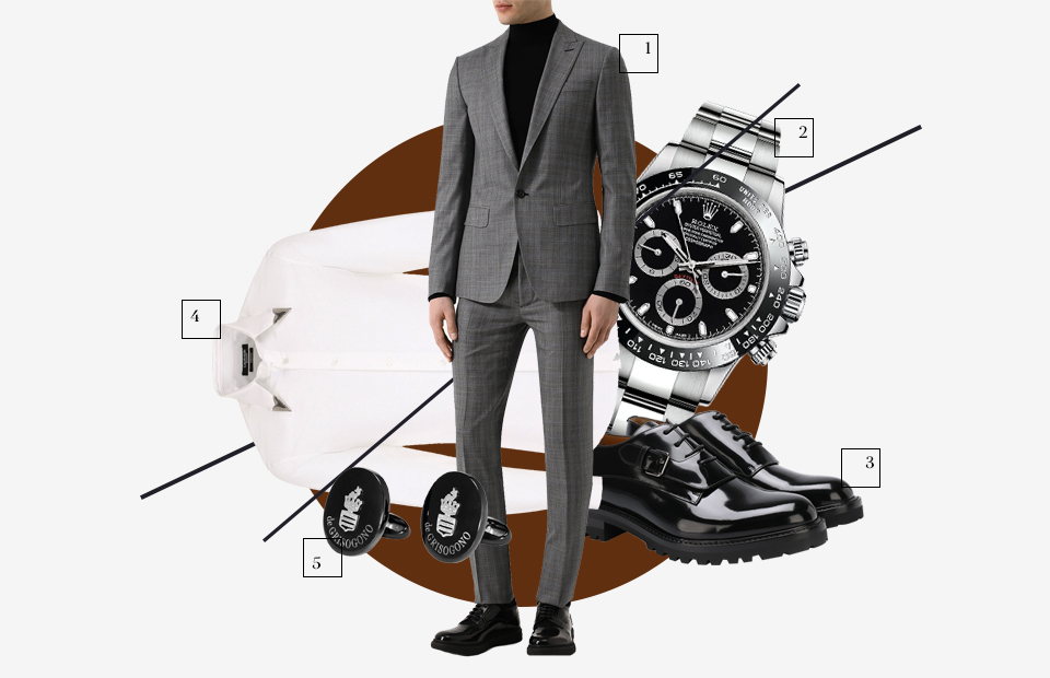 Костюм, Dsquared2
Часы, Rolex
Дерби, Valentino
Рубашка, CALVIN KLEIN 205W39NYC
Запонки, De Grisogono