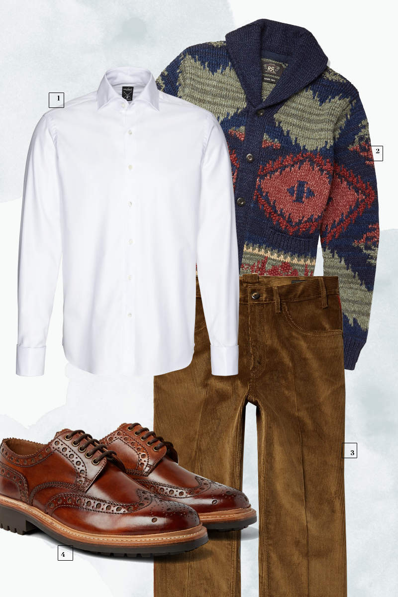 1 | Рубашка Van Laack; 2 | Кардиган RRL; 3 | Брюки Prada; 4 | Ботинки Grenson