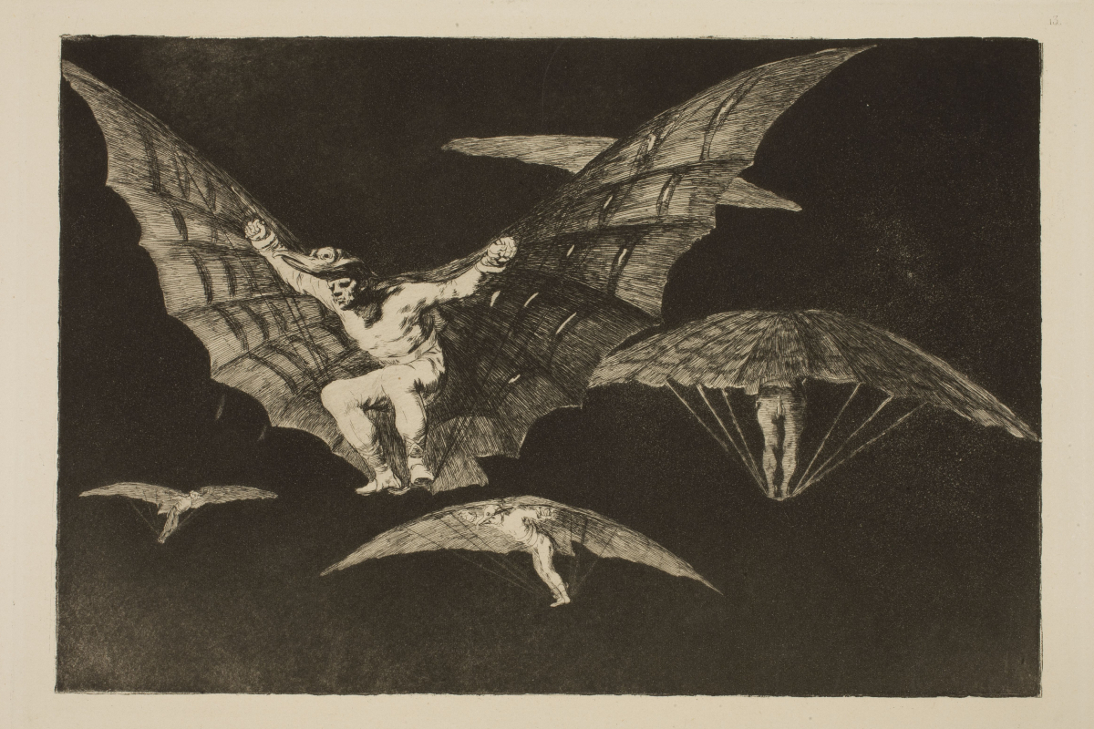 Франсиско Гойя, «Способ летать». Лист 13 из серии «Диспаратес», 1816–1824. Офорт, акватинта