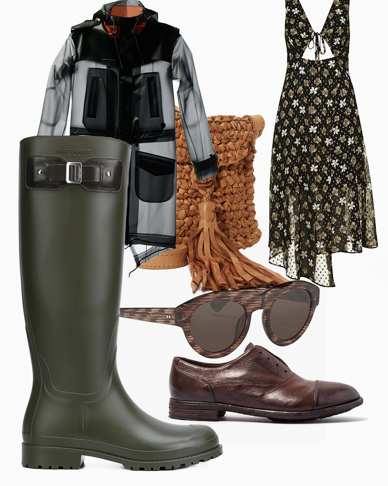Платье, Topshop | Резиновые сапоги, Saint Laurent | Ботинки, Officine Creative | Сумка, En Shalla | Очки, Linda Farrow х Dries Van Noten | Плащ, Terra New York